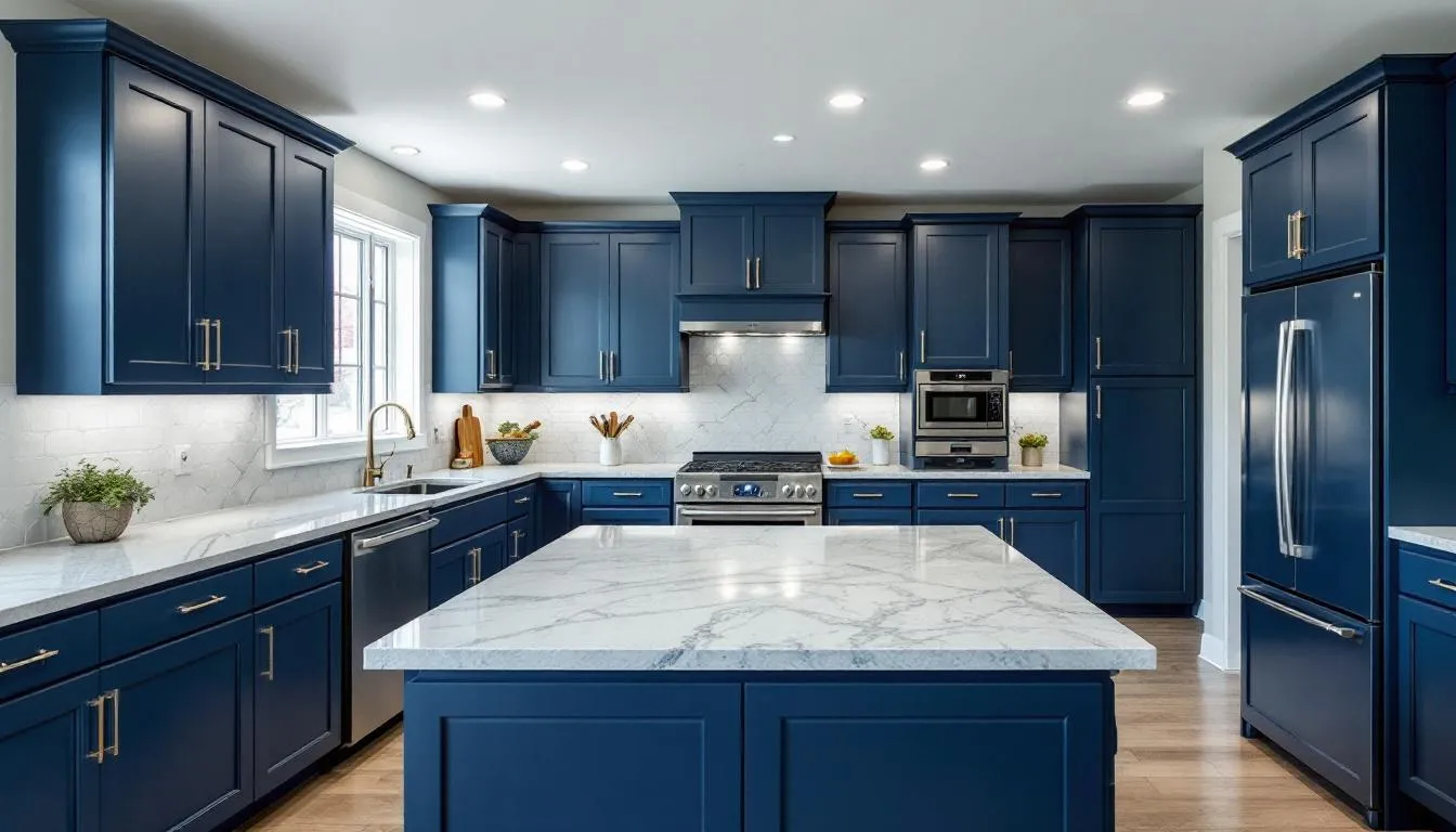 The image depicts a u-shaped kitchen featuring light-colored granite worktops paired with dark blue cupboards, creating a modern and stylish look. This combination of granite worktops and cabinetry showcases a contemporary design ideal for busy family kitchens.