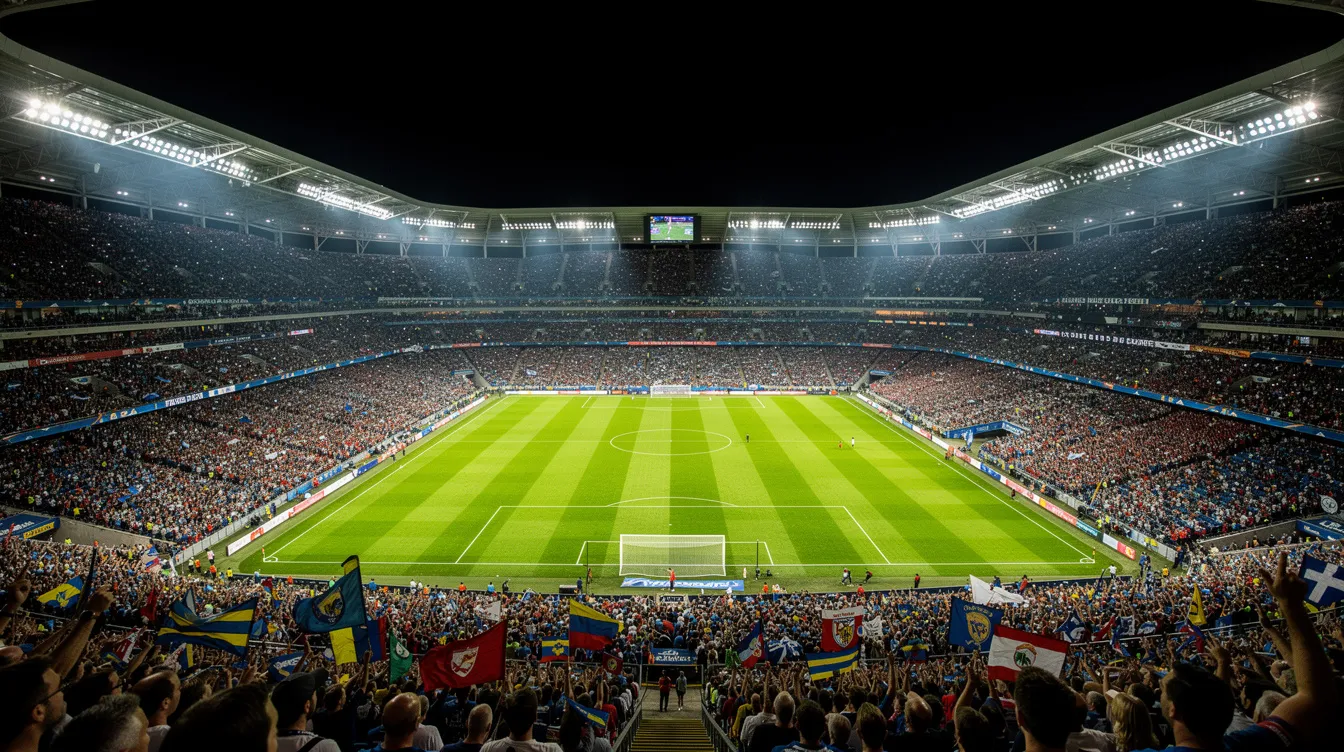 Imagem de um estádio de futebol lotado à noite, com luzes brilhantes iluminando o gramado verde vibrante, criando um ambiente vibrante para um jogo emocionante, possivelmente entre Brasil e Marrocos na Copa do Mundo da FIFA. O MetLife Stadium em Nova Jersey é o cenário perfeito para essa competição, com torcedores animados e uma atmosfera eletrizante.
