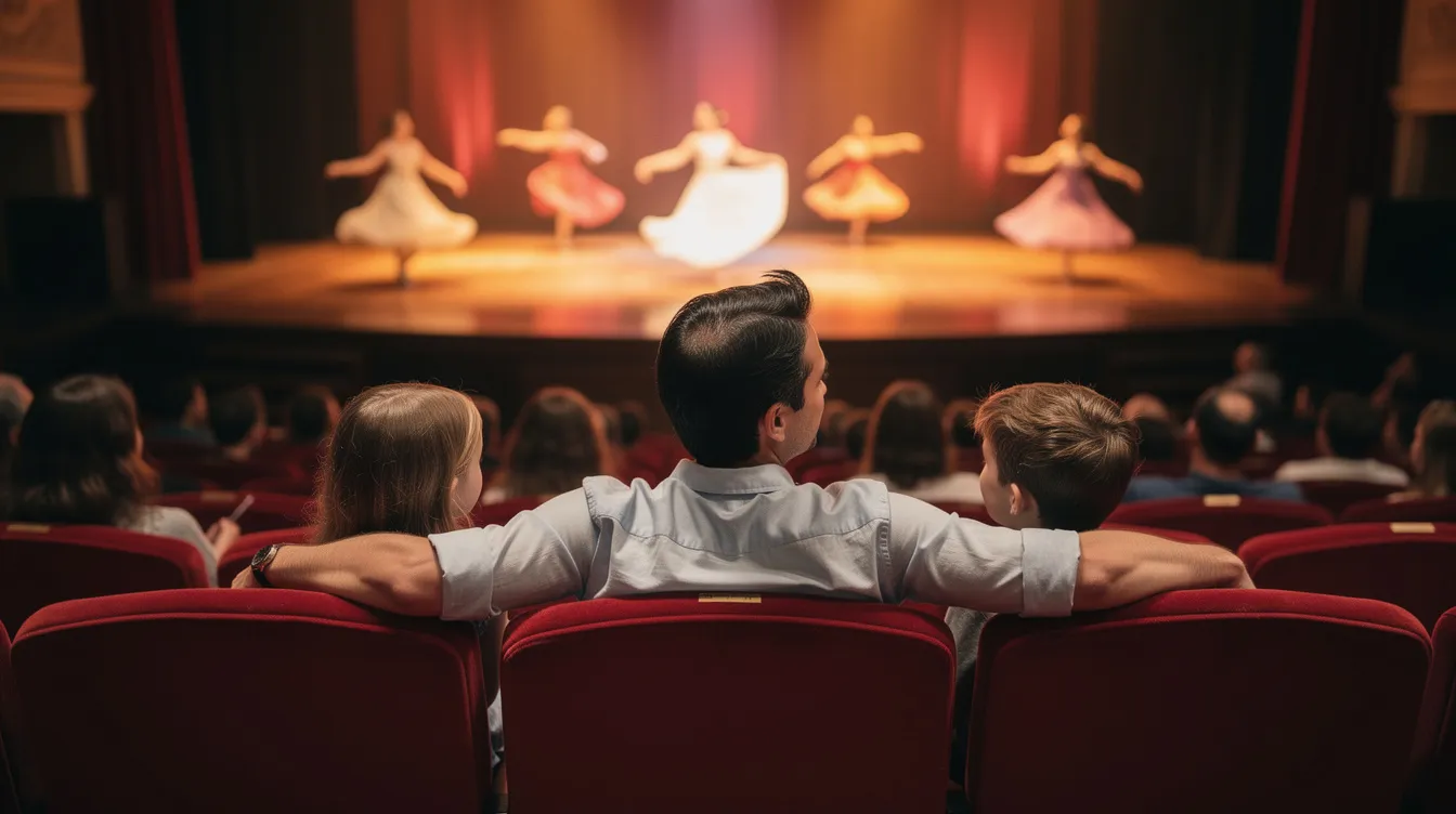 A family of four is seated together in plush theatre seats, engrossed in a vibrant dance performance taking place on stage. The atmosphere is filled with excitement as they enjoy the show, highlighting the engaging experience that comes with purchasing tickets for such events.