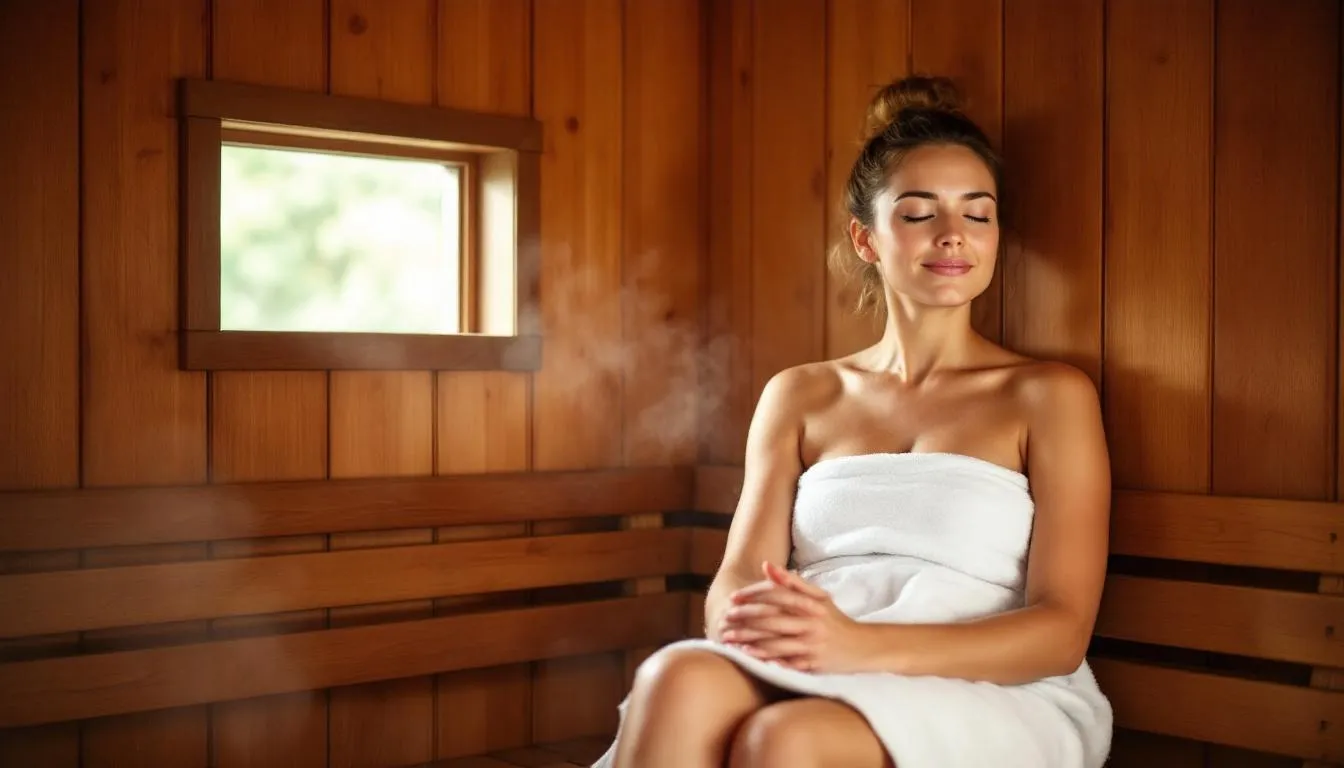 The image depicts a person relaxing peacefully in a wooden sauna, enjoying the soothing heat that promotes muscle recovery and stress relief. This serene sauna session highlights the health benefits associated with regular sauna use, whether in a traditional Finnish sauna or an indoor sauna setup.