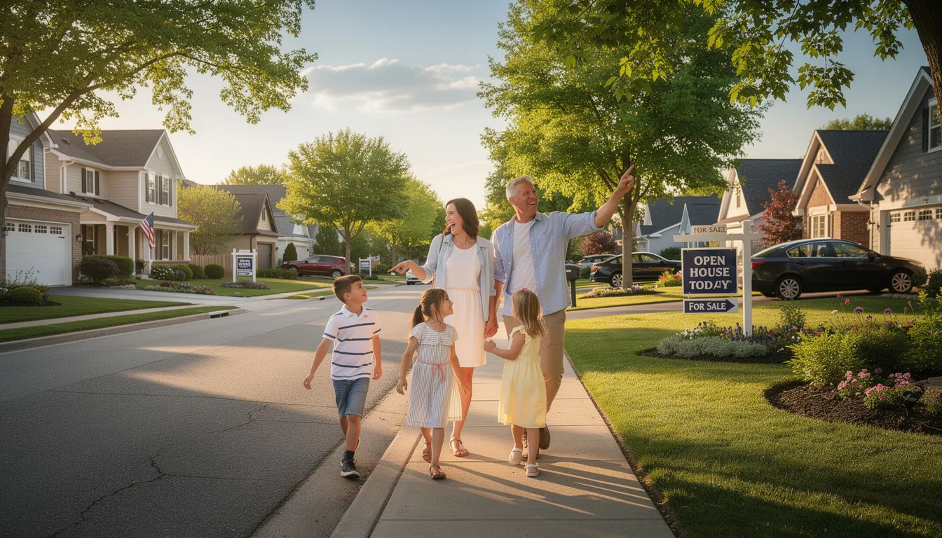 A family strolls through a picturesque suburban neighborhood, exploring various homes for sale, while discussing their options as potential buyers. They appear engaged and curious, navigating the area and considering the real estate listings available in the city.