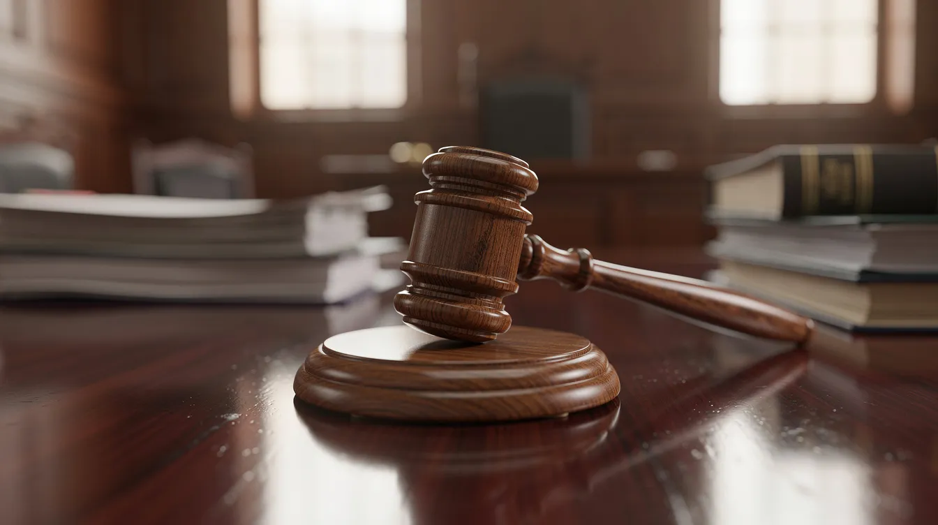 A close-up view of a gavel resting on a polished wooden desk in a courtroom, with blurred legal documents in the background, symbolizing the legal processes related to debt restructuring and financial matters. The image conveys a serious atmosphere, highlighting the importance of legal proceedings in managing financial responsibilities.