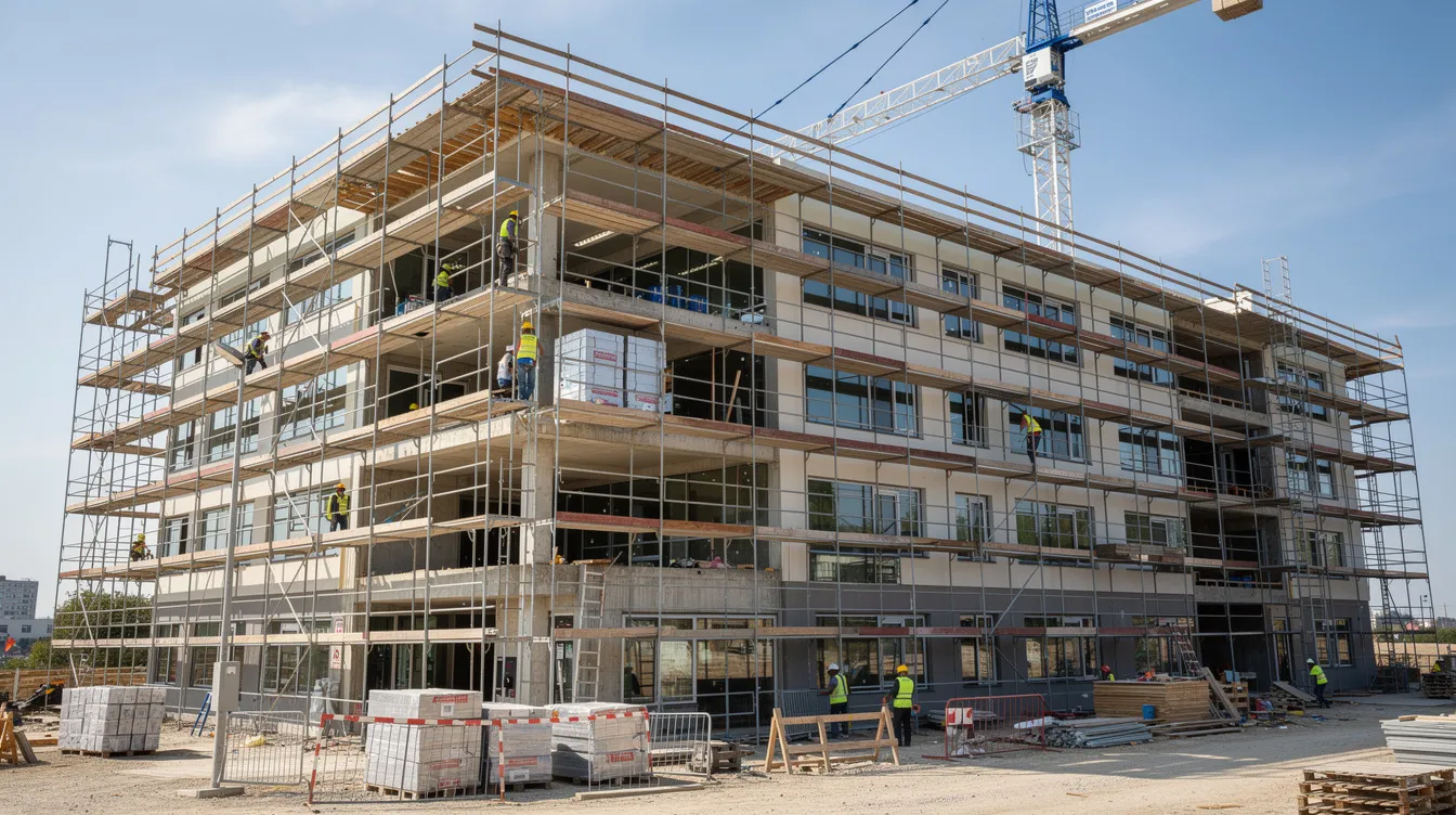 The image shows a hospital building under construction, featuring scaffolding and construction workers actively engaged on site. This multi specialty hospital project reflects the ongoing development of healthcare facilities, highlighting the importance of construction costs and project budgets in the healthcare sector in India.