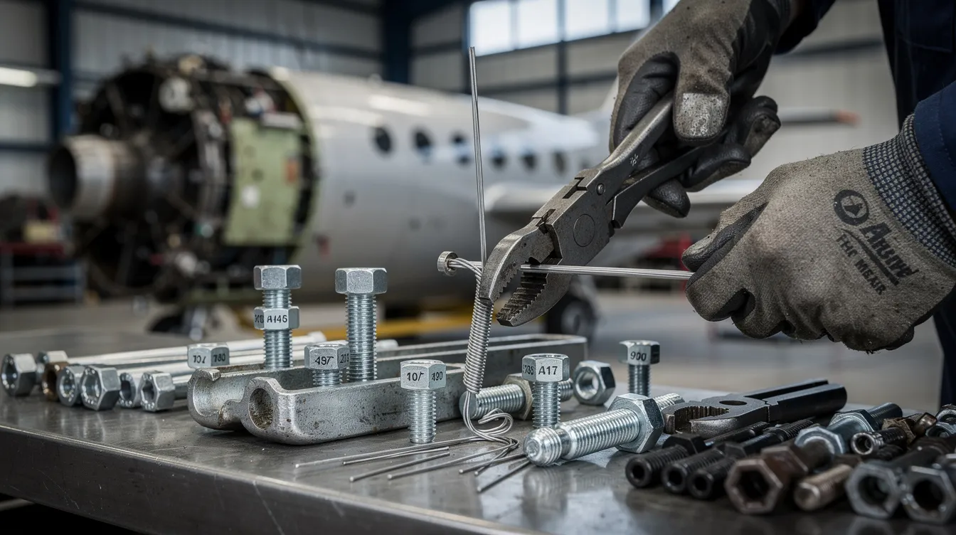 The image depicts an aviation mechanic using pliers to safety wire aircraft hardware on a workbench, emphasizing the practical skills required for maintenance in the airframe and powerplant field. This hands-on task is essential for ensuring the safety and reliability of aircraft components.