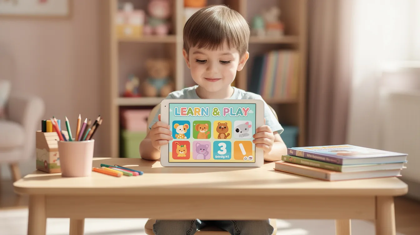 A child is seated at a desk, engaging with a colorful educational app on a tablet, which supports their speech and language development. This interactive tool can assist children with speech challenges by providing real-time feedback and helping them practice pronunciation and language skills.