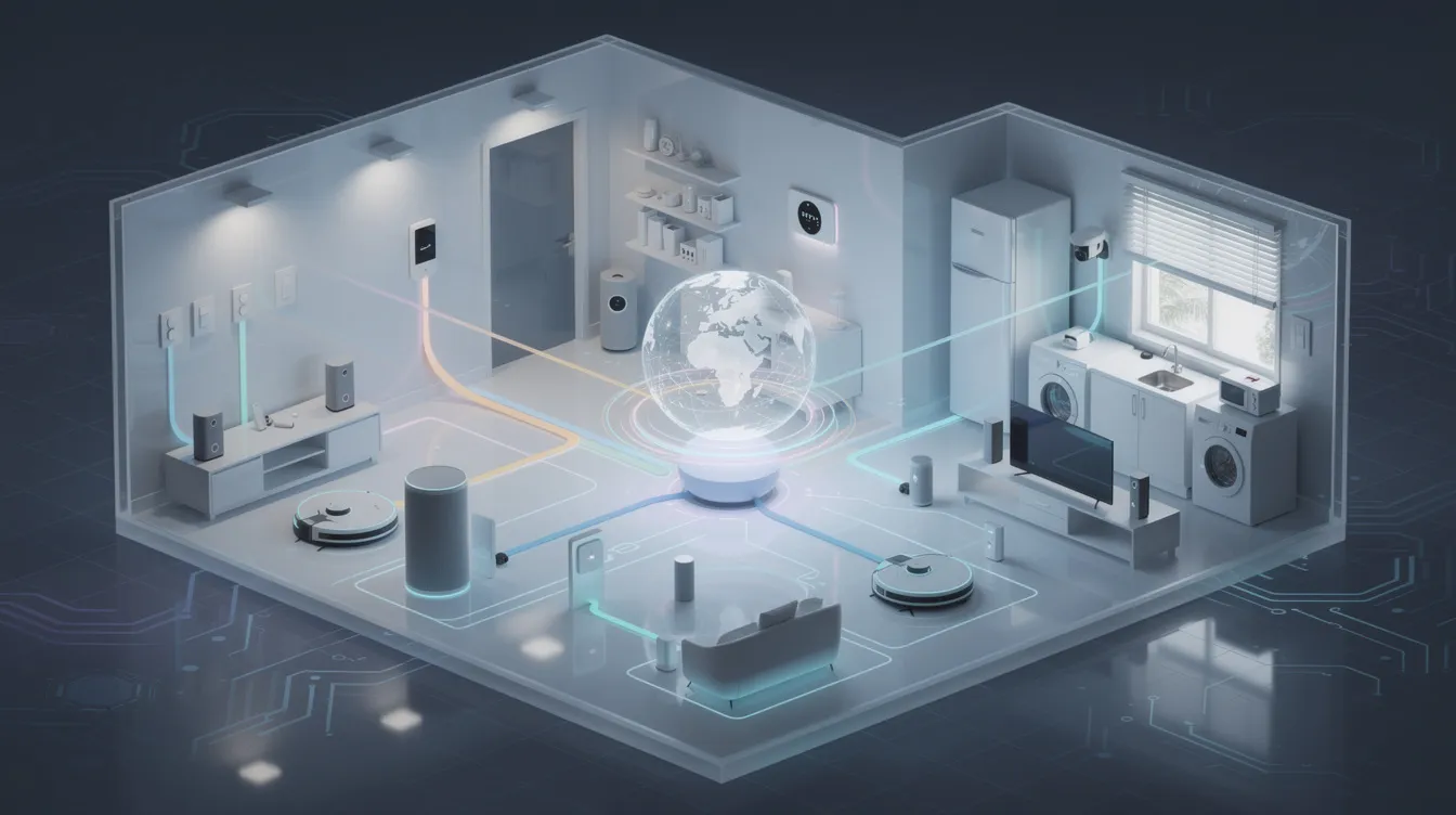 A diagram illustrating the seamless integration of different smart home devices enabled by Matter.