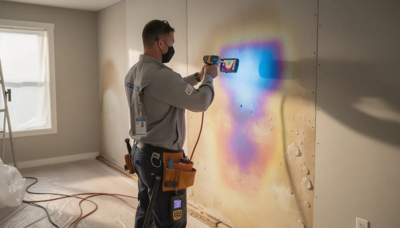 A certified restoration technician is using a thermal imaging camera to inspect water-damaged walls, demonstrating their skilled approach to holistic restoration in Atlanta. This professional is dedicated to restoring homes affected by storm damage and equipping under-resourced families with hope and support during difficult times.