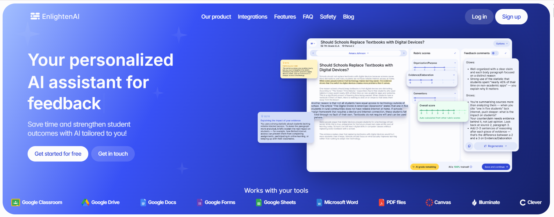 EnlightenAI AI writing feedback platform providing personalized essay evaluation, rubric-based grading, and automated student writing assessment.