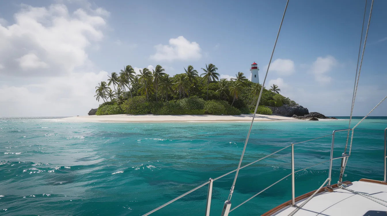 Uma pequena ilha tropical desabitada é vista a partir de um barco à vela, com um farol ao fundo. As águas ao redor são de um azul turquesa vibrante, característico das ilhas do Caribe, como Curaçao.