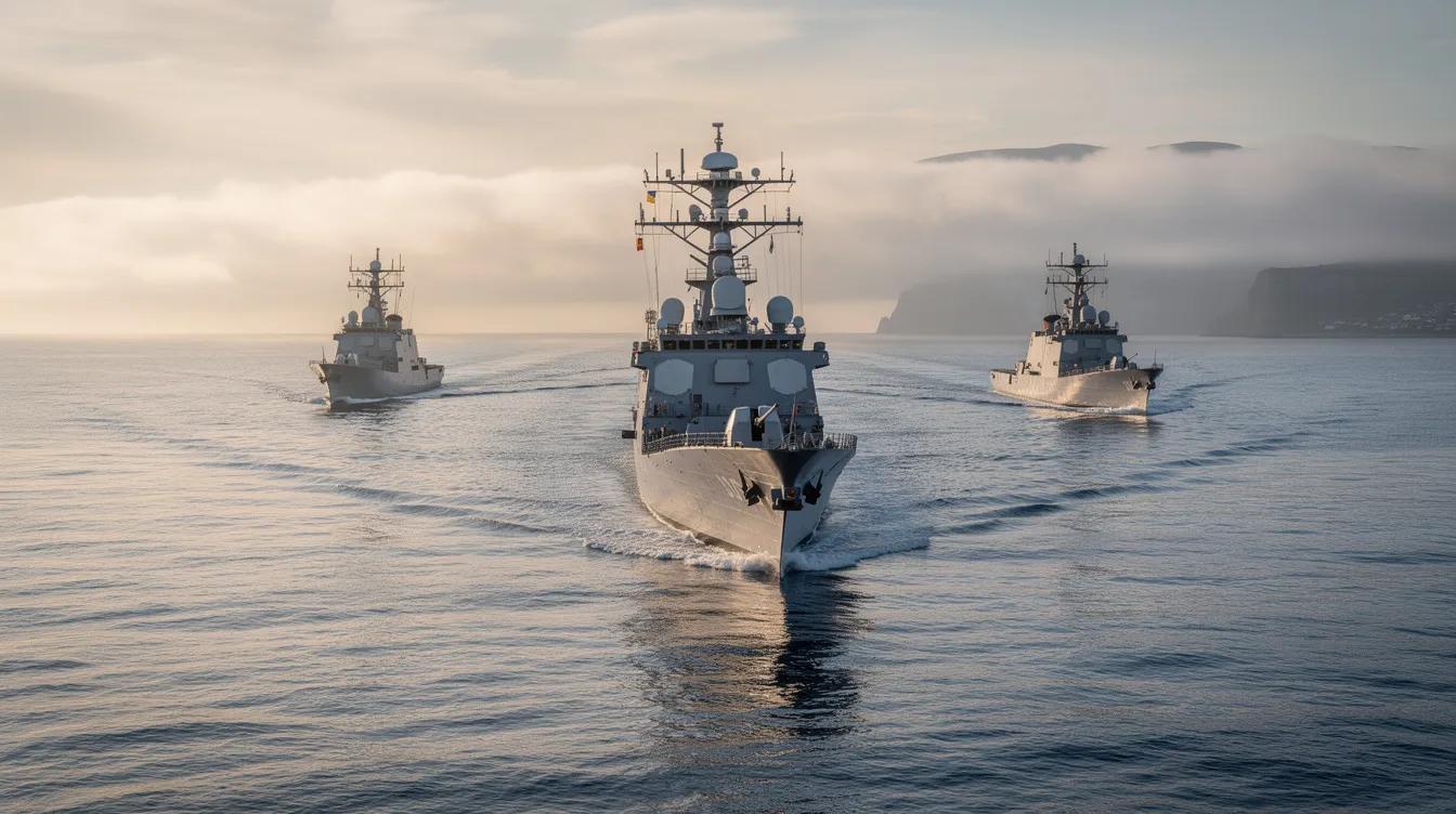 The image depicts military naval vessels patrolling the calm waters of the Persian Gulf, with a distant hazy coastline that could represent the southern coast of Iran or Hormuz Island. This area is known for its strategic importance as a major shipping route and an important oil chokepoint for global oil trade.