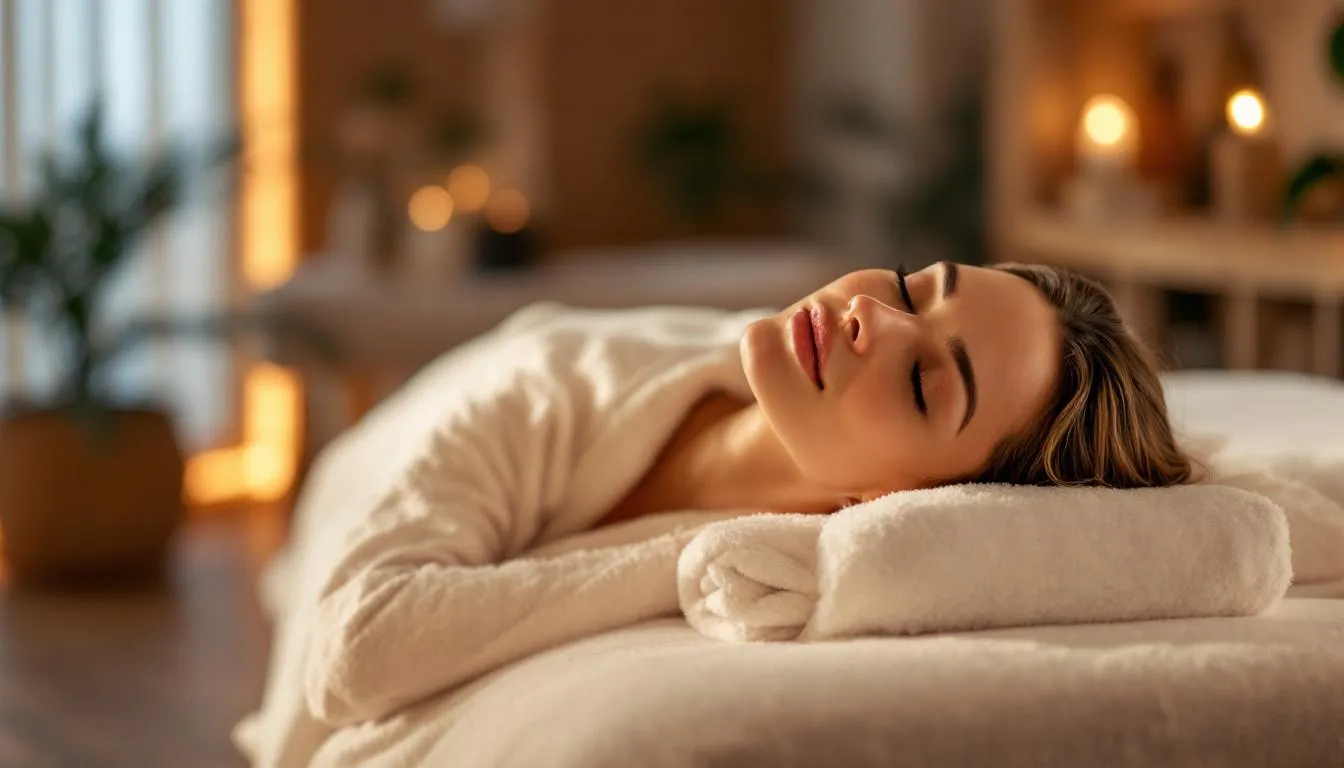 Na obrazku widzimy kobietę relaksującą się podczas sesji SPA, otoczoną aromatycznymi olejkami i świecami, co tworzy atmosferę wyjątkowego relaksu. To doskonały pomysł na prezent na 40 urodziny, który z pewnością przyniesie ogromną radość i spełnienie marzeń.