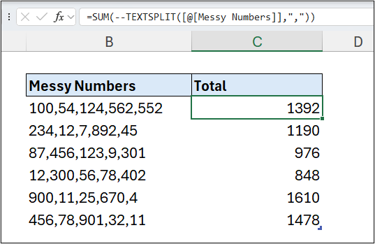Summing a messy list of numbers stored in a single cell