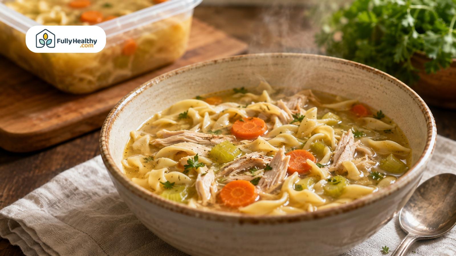 Steaming chicken noodle soup with noodles, chicken, carrots, celery, and herbs