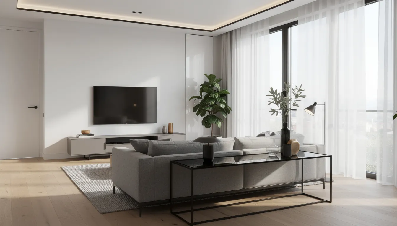 The image depicts a modern renovated apartment interior featuring contemporary furniture arranged to maximize natural light. The stylish design reflects current market trends in real estate, making it an attractive option for potential buyers or investors interested in property flipping.