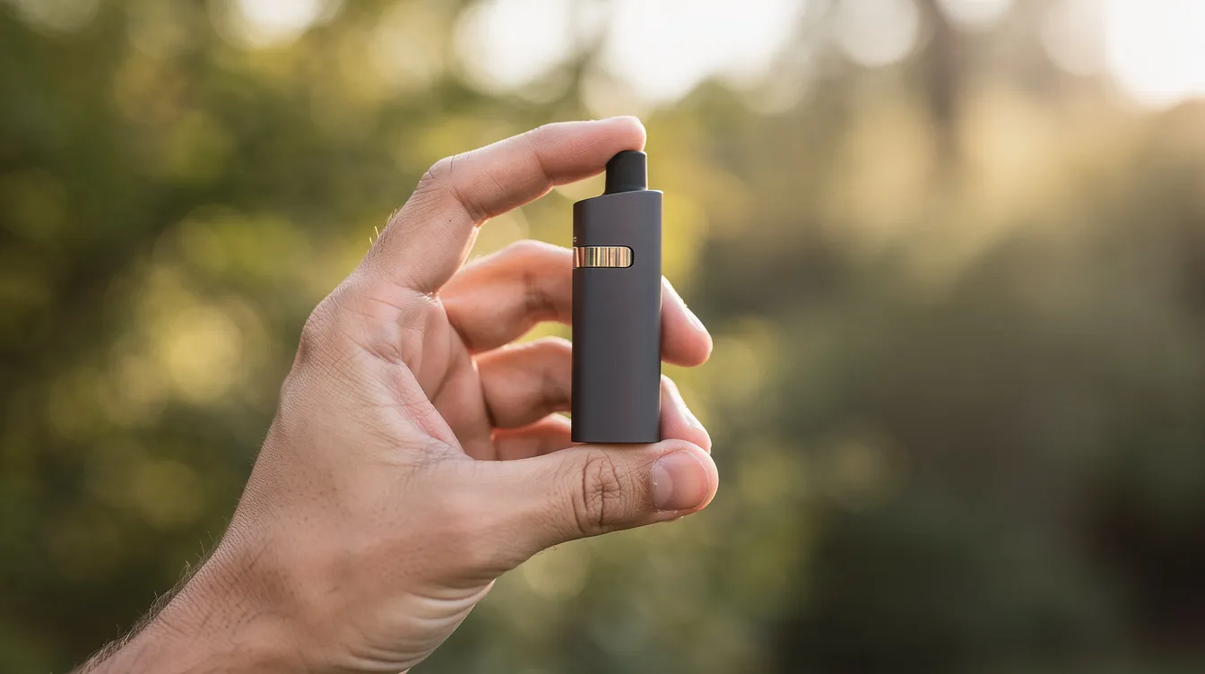 Eine Hand hält einen kompakten tragbaren Vaporizer vor einem unscharfen Naturhintergrund. Der Vaporizer, der als einer der besten tragbaren Kräutervaporizer gilt, bietet eine einfache Handhabung und ist ideal für Nutzer, die Wert auf Qualität und Benutzerfreundlichkeit legen.