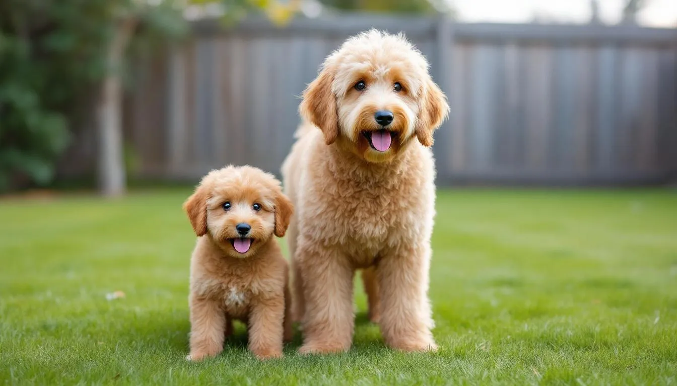 A mini goldendoodle stands next to a standard goldendoodle, showcasing the size difference between the two hybrid breeds. The smaller mini goldendoodle, with its fluffy coat and floppy ears, contrasts with the larger standard goldendoodle, highlighting their varying sizes while both exhibit the charming personality typical of goldendoodles.