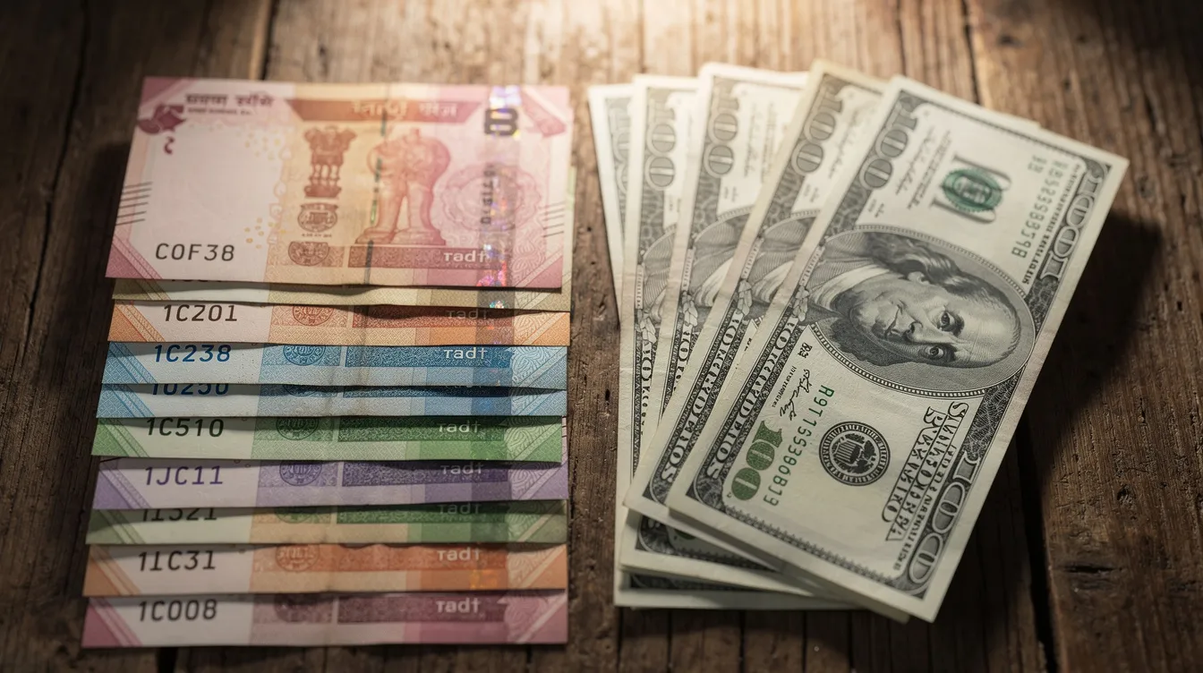 The image shows Indian rupee banknotes alongside US dollar bills on a wooden table, illustrating the concept of currency exchange for international money transfers. This visual representation highlights the different currencies involved in sending money online across borders.