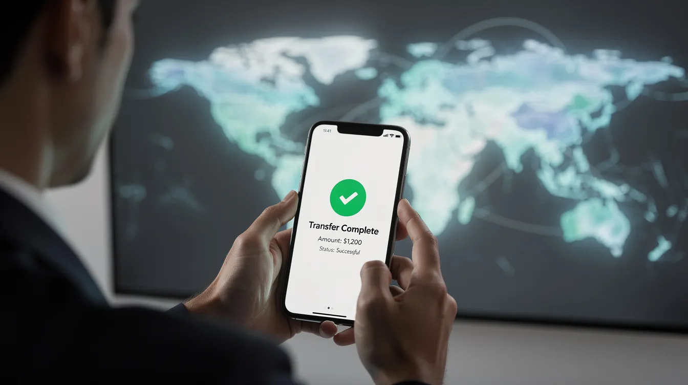 A person is using a smartphone app to confirm a money transfer, with a world map visible in the background, symbolizing global financial transactions. This image highlights the importance of financial data analytics tools for financial institutions in managing transactions and ensuring regulatory compliance.