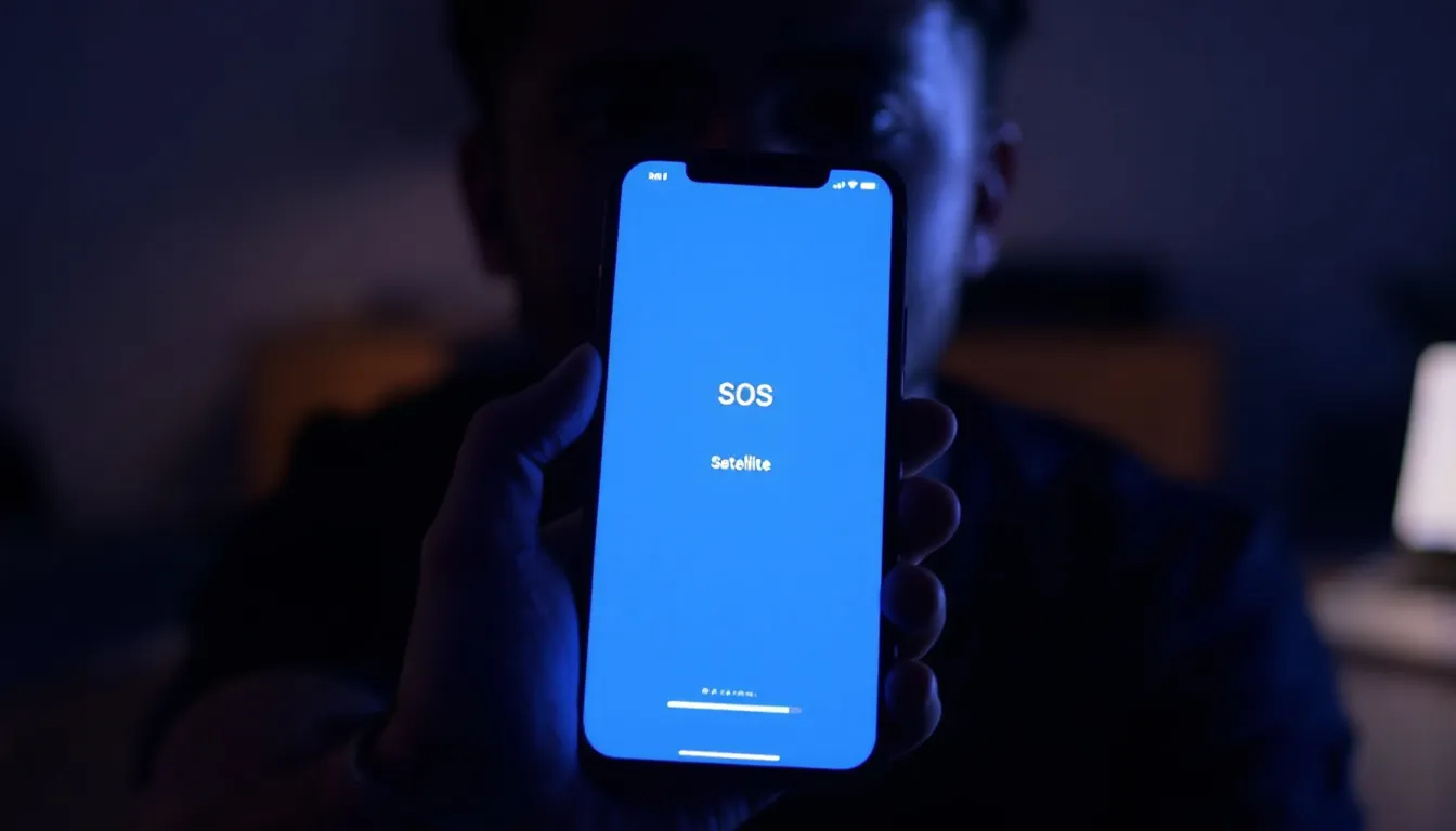 The image displays an iPhone's emergency SOS activation screen, indicating a satellite connection for making emergency calls. The status bar shows that the device is in SOS mode, allowing users to connect with emergency services even without cellular network coverage.