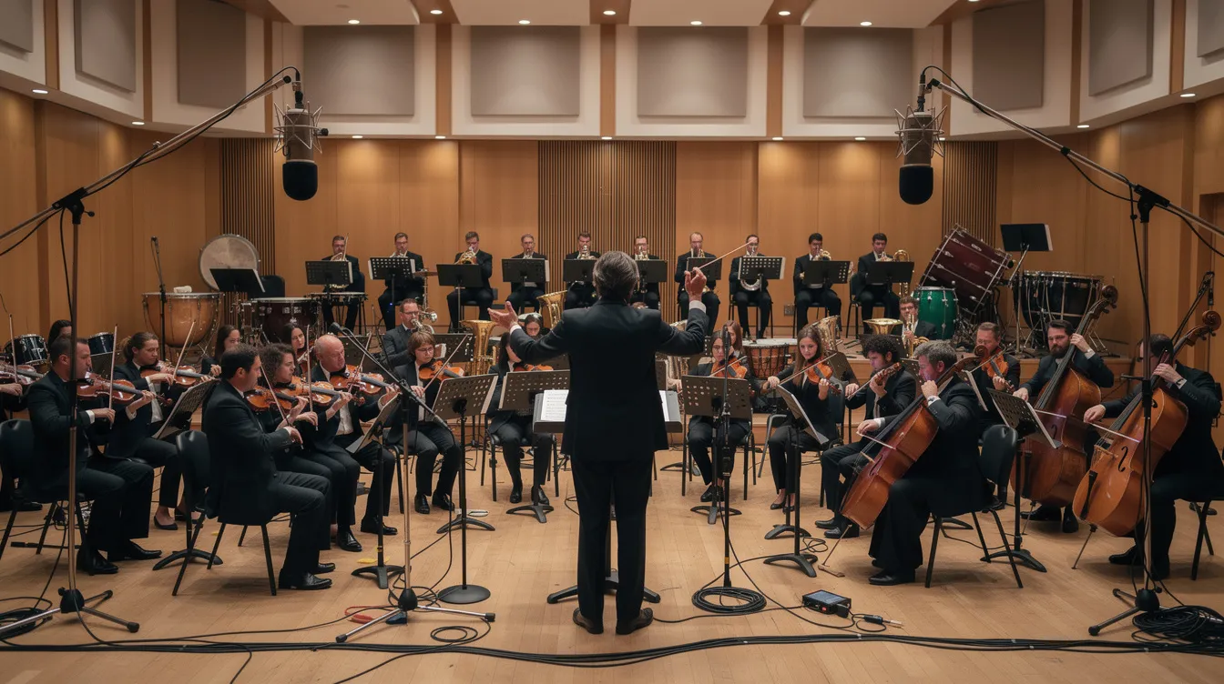 Ein Dirigent steht vor einem großen Orchester in einem Aufnahmestudio, umgeben von Notenständern und Mikrofonen. Die Szene vermittelt ein Gefühl von Drama und Musik, während die Künstler bereit sind, ihre Lieder für ein neues Album einzuspielen.