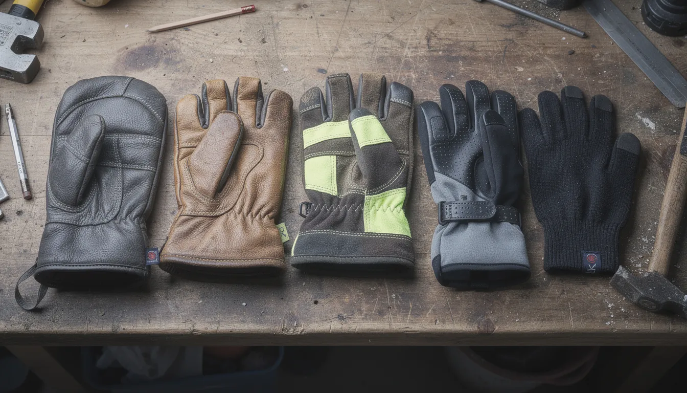 A variety of winter work gloves is displayed on a workbench, showcasing different styles such as heavy mitts and touchscreen-compatible knit gloves, designed for cold weather protection and warmth. These gloves offer durability and flexibility, making them ideal for various jobs in freezing temperatures.