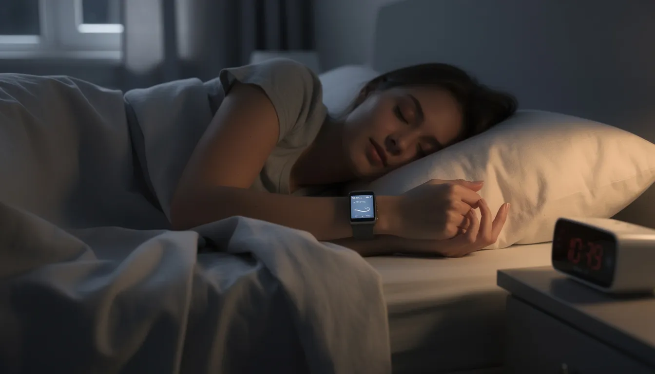 A person is sleeping peacefully while wearing a fitness tracker on their wrist, which monitors their sleep patterns and overall sleep quality. This device can help improve sleep quality by providing insights into their sleep duration and disturbances, contributing to a good night&rsquo;s sleep.