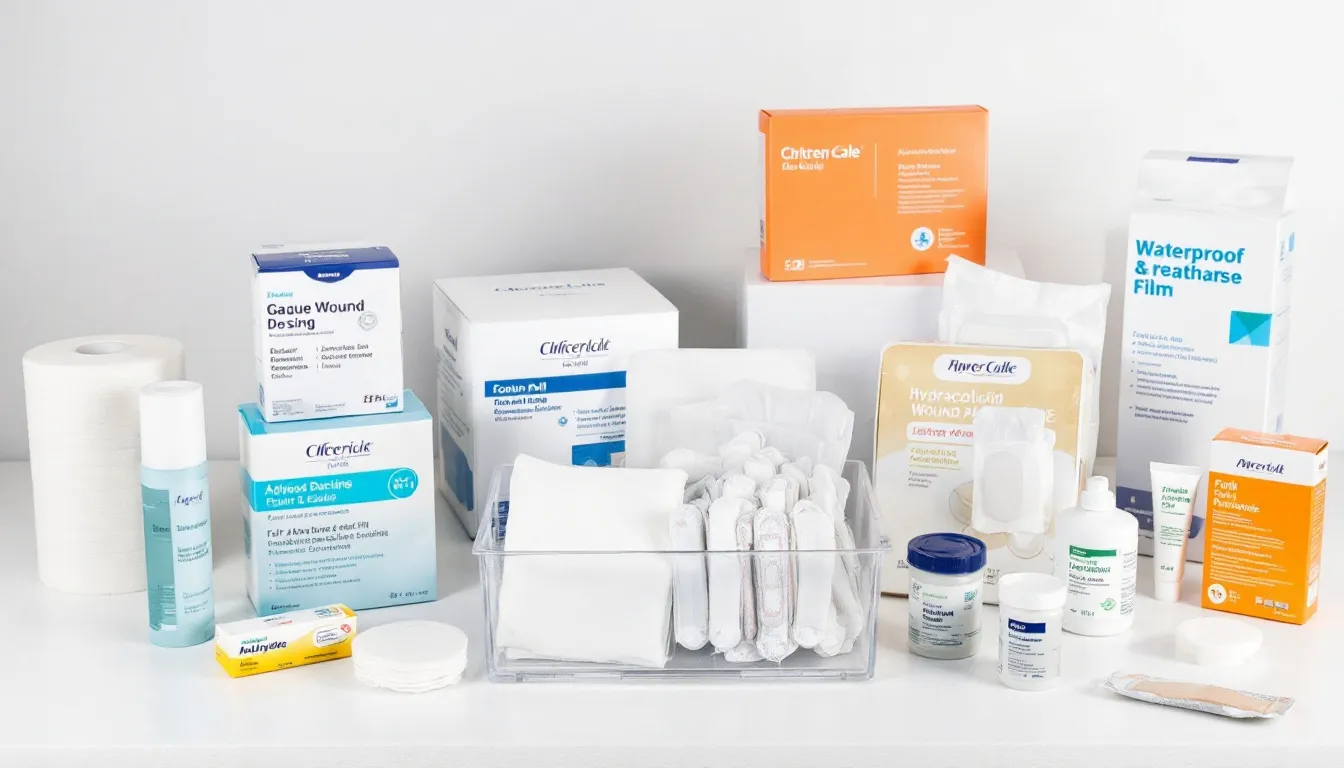 An array of essential wound care products, including dressings and bandages, used in home health settings.