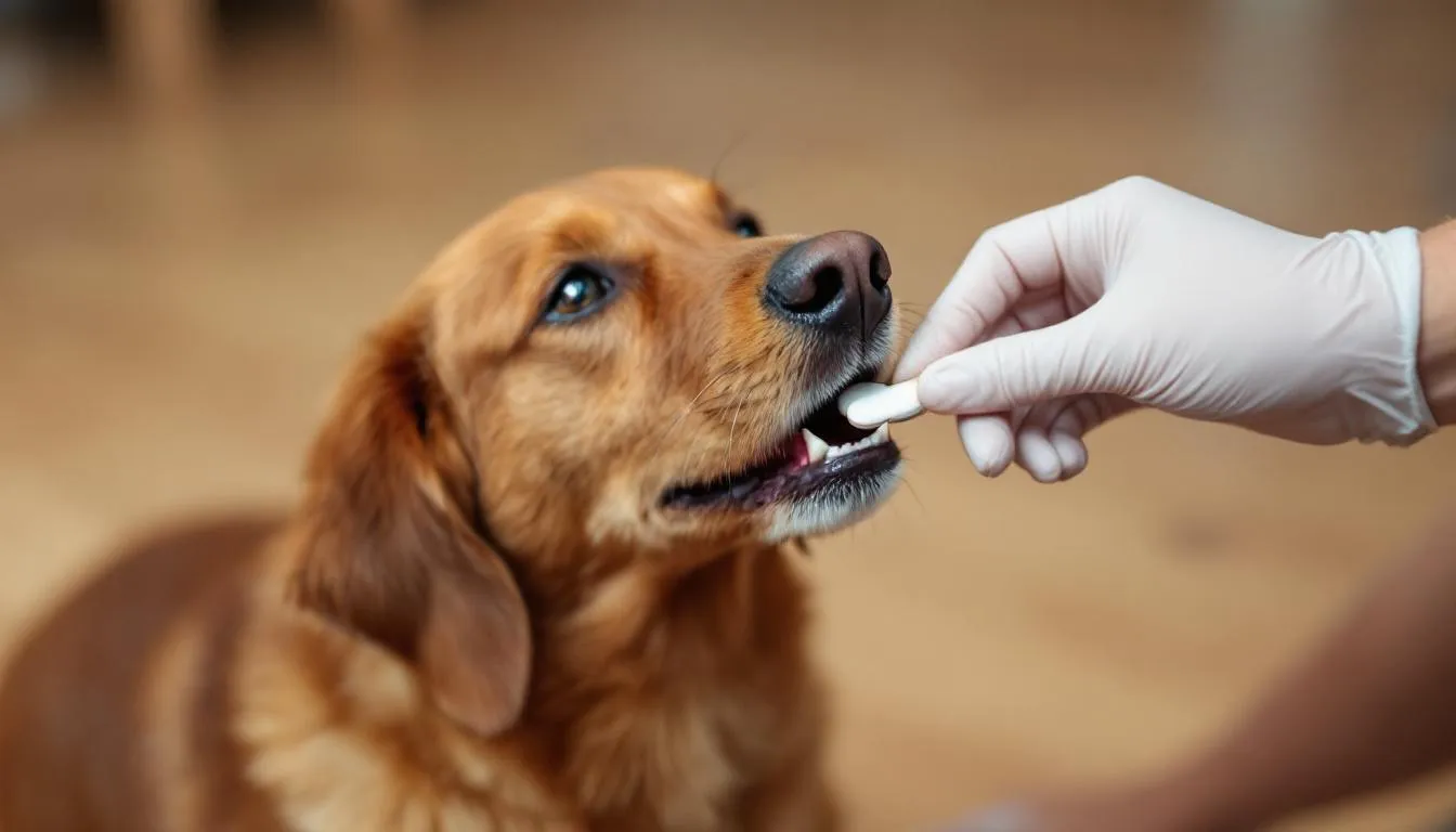 A dog owner is gently administering levothyroxine sodium tablets to their dog, demonstrating the proper oral administration technique essential for treating hypothyroidism in dogs. The image highlights the importance of thyroid hormone replacement therapy for maintaining normal thyroid function and improving clinical signs associated with low thyroid hormone levels.