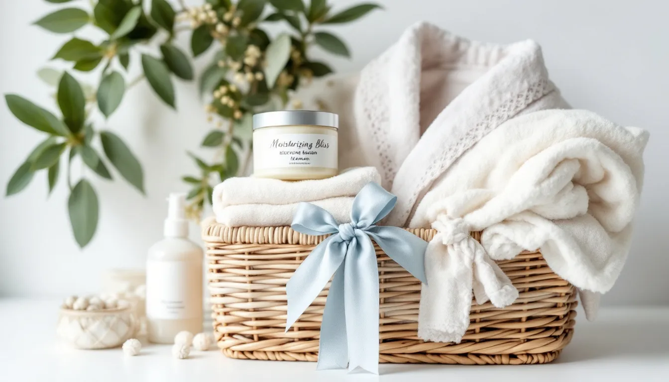 A beautifully arranged gift basket for a new mom, featuring luxurious body butter, a cozy robe, essential postpartum kit items, and calming scented candles, all set against a clean white background that highlights the natural textures and soothing colors. This ultimate gift idea is perfect for baby showers or to celebrate new parents during the early days after giving birth.