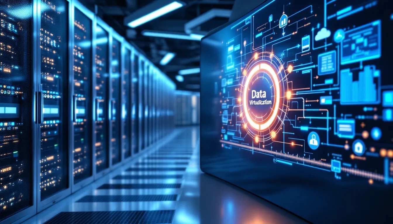 In the image, a visual representation contrasts data virtualization and traditional data warehouses, highlighting the speed and efficiency of data integration from multiple sources. It illustrates how data virtualization technology enables real-time access to various data sets, streamlining data management for business users.
