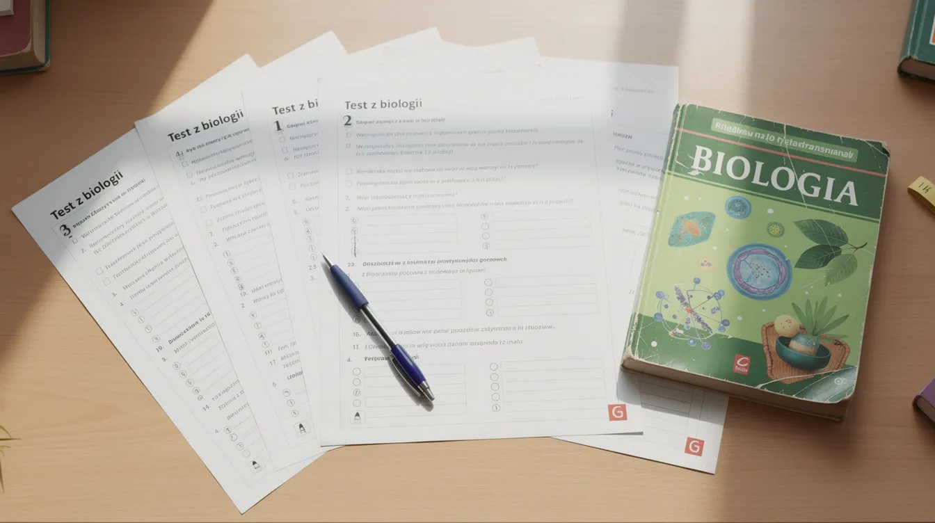 Widok z g&oacute;ry na biurko nauczyciela, na kt&oacute;rym leżą wydrukowane testy z biologii dla klasy 6, długopis oraz podręcznik dotyczący parzydełkowc&oacute;w i pierścienic. W tle widać elementy związane z nauczaniem o świecie zwierząt oraz stawonogach i mięczakach.
