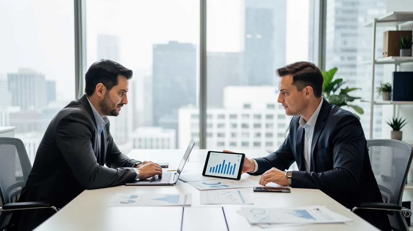 A professional financial advisor is engaged in a discussion with a client at a modern office desk, reviewing various loan products and terms, including interest rates and repayment options. The setting suggests a focus on personalized financial solutions, such as 小額 貸款 and 免 入 息 證明, aimed at helping clients navigate their financial needs.