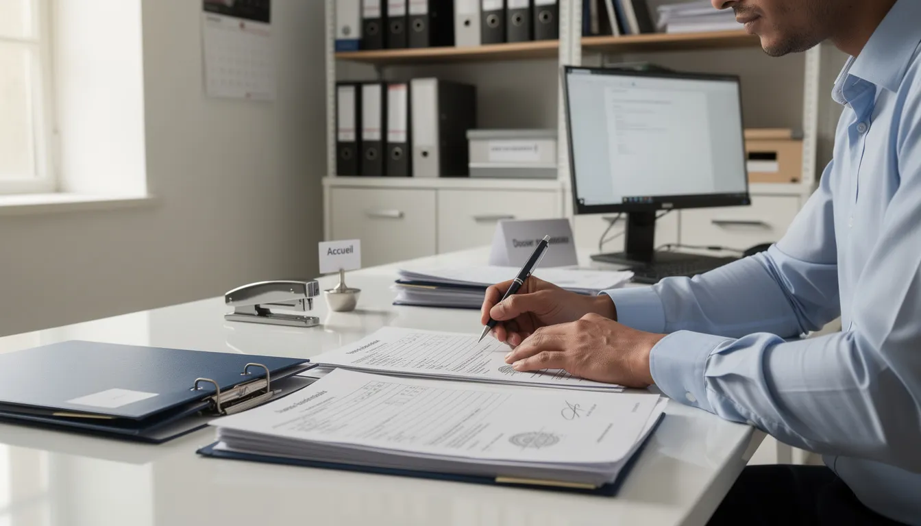 L'image montre une personne assise à un bureau, remplissant des documents administratifs liés à la location de voiture. On peut voir des papiers éparpillés, probablement des contrats de location et des informations sur l'assurance, tandis que la personne semble concentrée sur sa tâche.