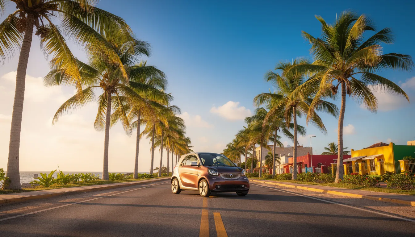 Une voiture compacte, probablement une Chevrolet Onix, roule sur une route ensoleillée bordée de palmiers au Mexique, sous un ciel bleu clair. Ce paysage évoque un road trip agréable vers des destinations comme Playa del Carmen, où les voyageurs peuvent profiter de la liberté de conduire leur véhicule de location.