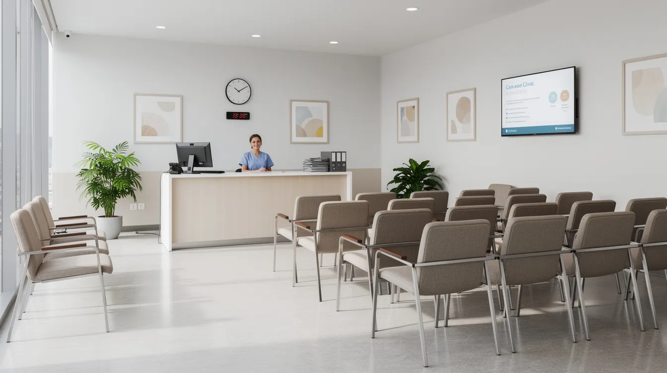 The image depicts the interior of a medical waiting room, featuring rows of chairs and a reception desk, typically found in urgent care facilities. This space is designed for patients awaiting medical treatment, emphasizing the importance of timely care and the potential implications of medical malpractice in urgent care settings.
