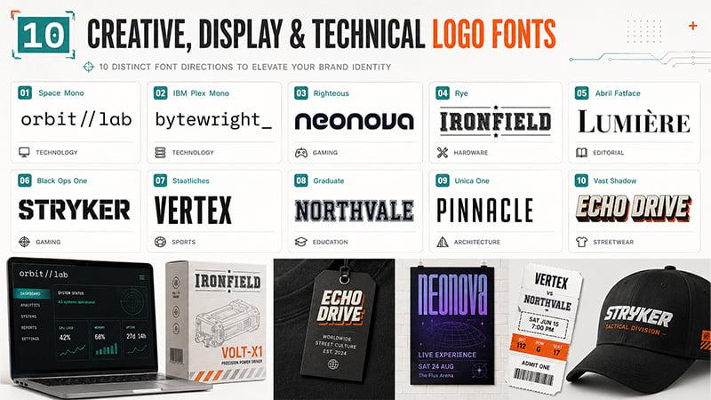 Creative display and technical logo fonts for technology, gaming, and distinctive brand identities