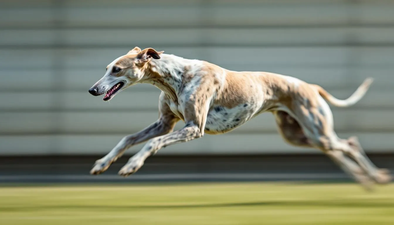 A greyhound is captured in full sprint, showcasing the classic double suspension gallop with all four feet off the ground, highlighting its status as the fastest dog breed. This athletic dog, known for its lean body and incredible speed, exemplifies how fast dogs can run, reaching impressive speeds while racing.