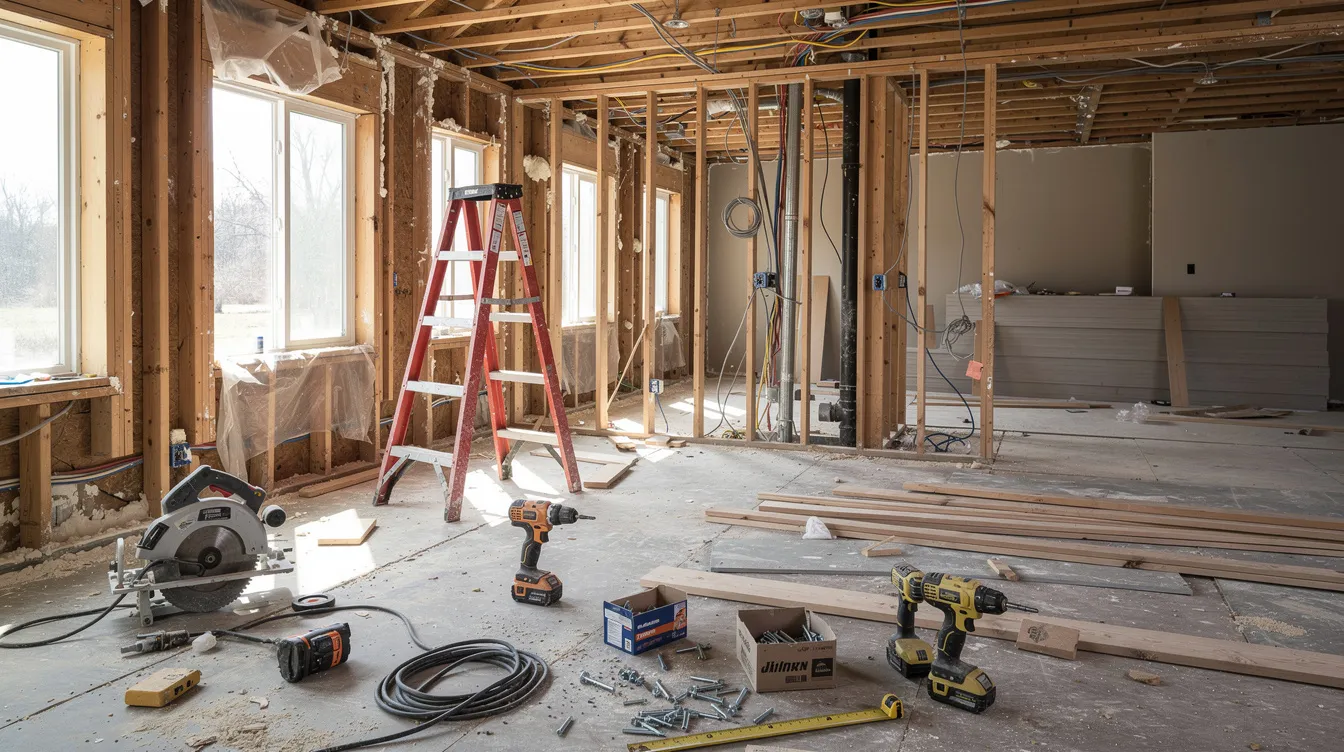 The image depicts an ongoing renovation inside a residential property, showcasing exposed framing and various construction tools scattered on the floor, indicating a transformation of the space that could enhance its property value for future investment opportunities. This setting may appeal to those considering investment property loans or looking to generate rental income.