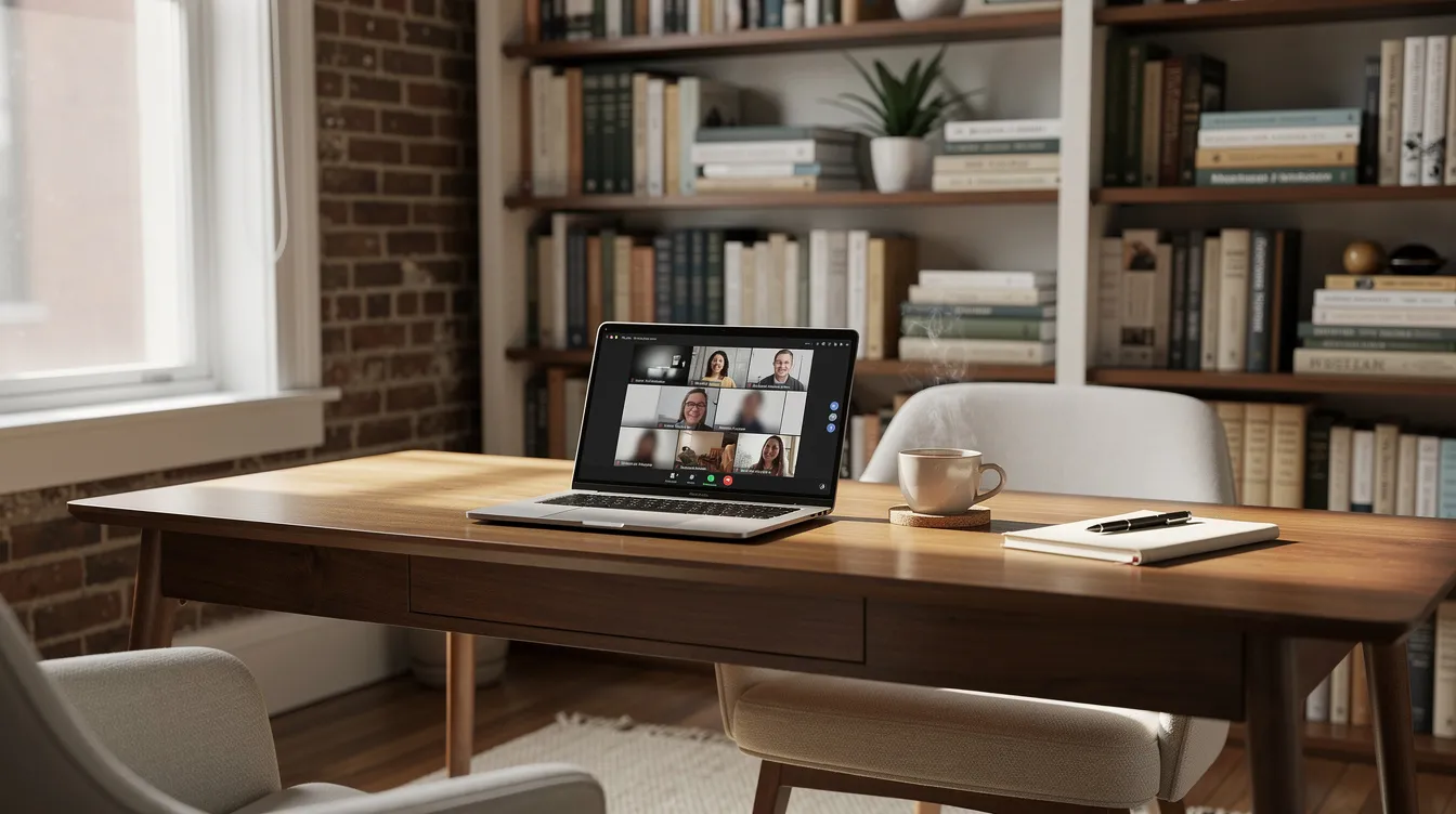 This ultra-realistic documentary photograph captures a modern therapist's home office in a Brooklyn brownstone, featuring a warm wood desk with an open laptop displaying a blurred video meeting interface. The background reveals a bookshelf filled with clinical psychology books, while soft window light creates a calm and professional atmosphere, ideal for mental health sessions focused on emotional awareness and personal growth.