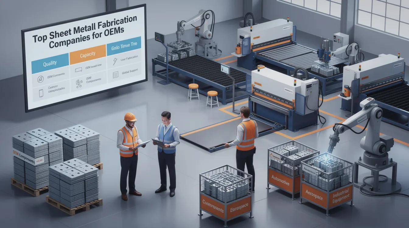 The image showcases a variety of top sheet metal fabrication companies specializing in OEM services, highlighting their capabilities in precision sheet metal fabrication, laser cutting, and metal stamping. It emphasizes the importance of quality systems and engineering support in producing sheet metal components for industries such as medical devices and construction equipment.