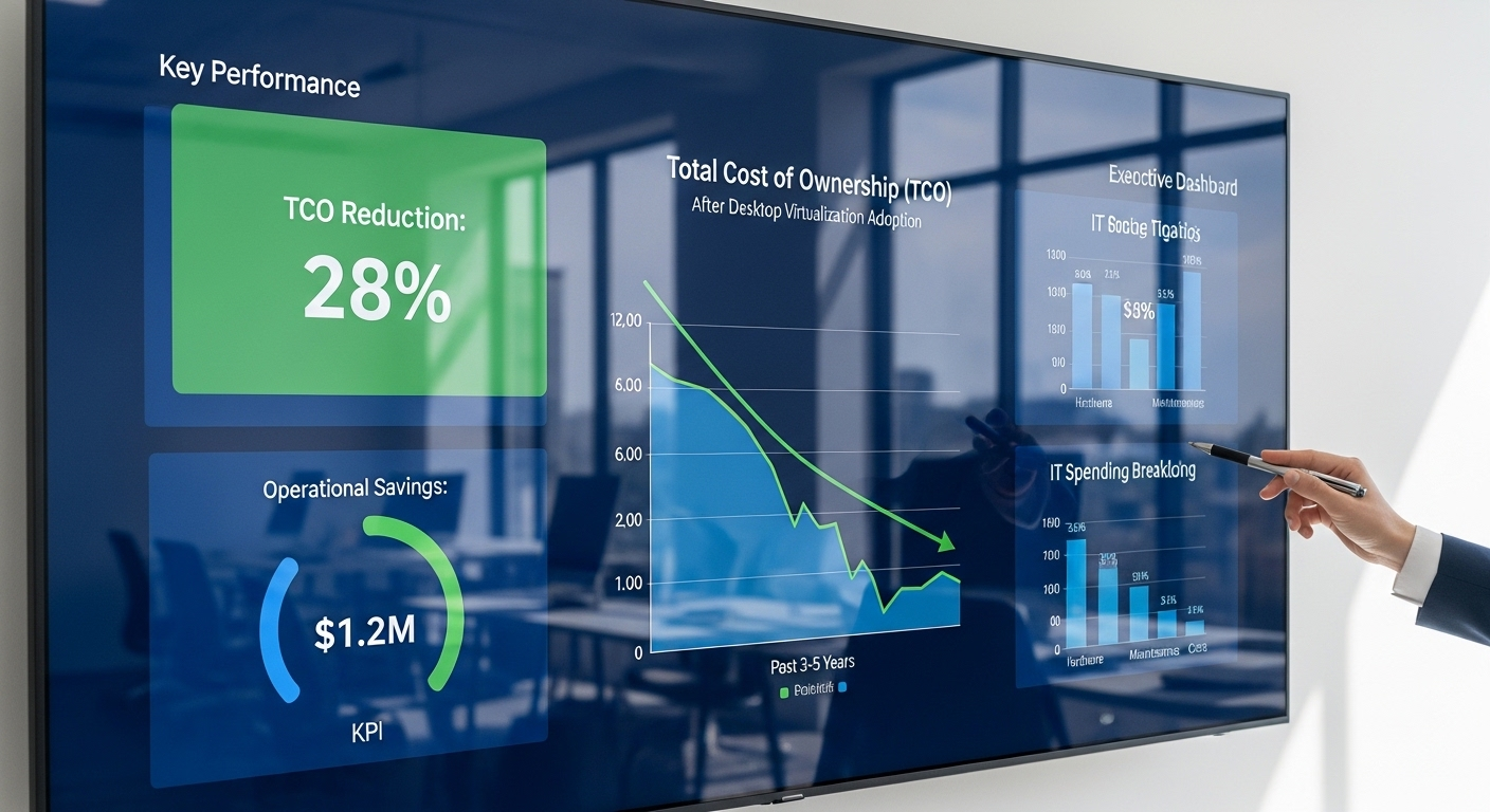 Executive dashboard highlighting reduced total cost of ownership after adopting desktop virtualization services.