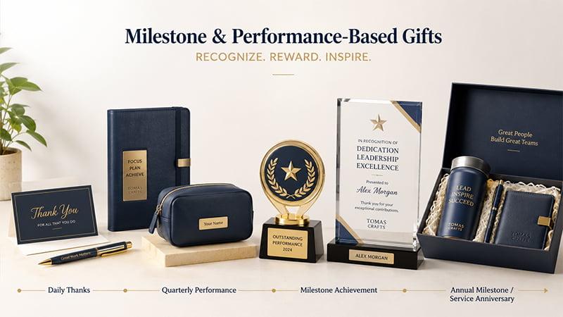 Milestone and performance-based employee gifts with notebook, pouch, award trophy, plaque and premium recognition gift box