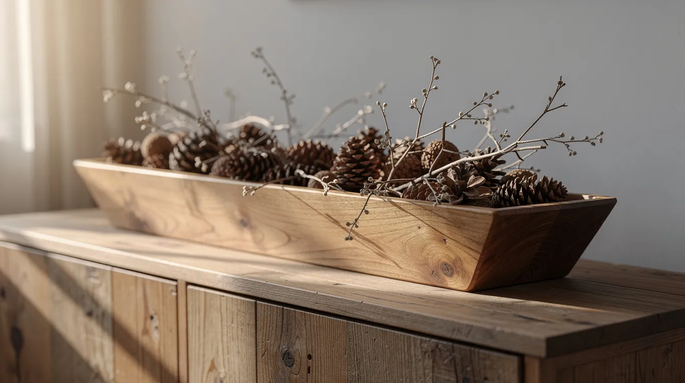 Een lange houten schaal gevuld met dennenappels en gedroogde takken staat op een houten dressoir, wat zorgt voor een warme en natuurlijke uitstraling in het interieur. Deze decoratieve schaal is een echte eyecatcher en voegt een speels effect toe aan de ruimte.