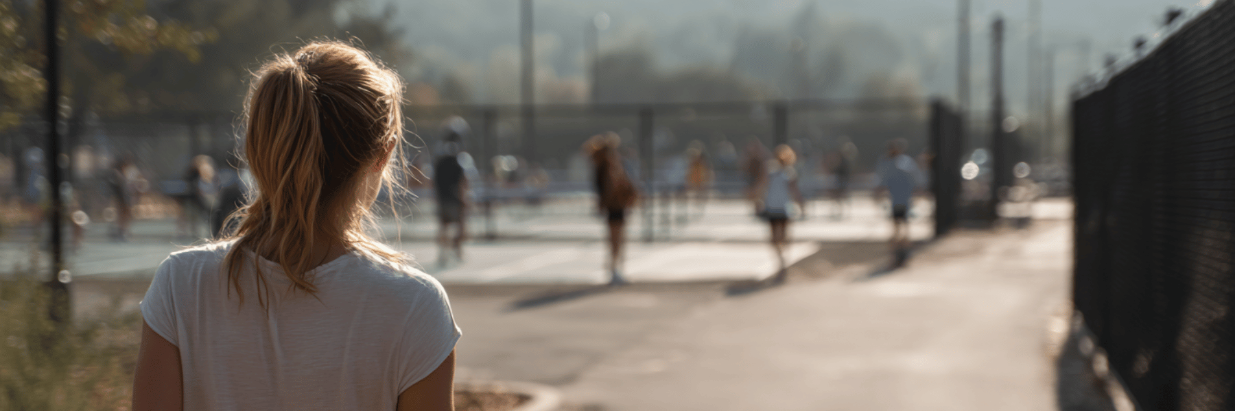 Person in athletic wear walking on a tree‑lined park path with a pickleball game happening on outdoor courts in the background.