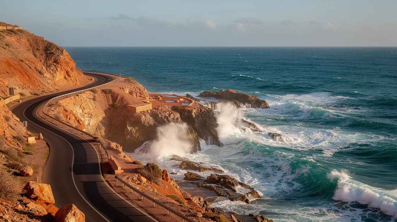 Een kustweg langs de Atlantische Oceaan in Marokko, omringd door indrukwekkende rotsformaties en de branding van de zee. Deze plek biedt een prachtig uitzicht en is ideaal voor reizigers die de ultieme vrijheid willen ervaren met een huurauto in Marokko.