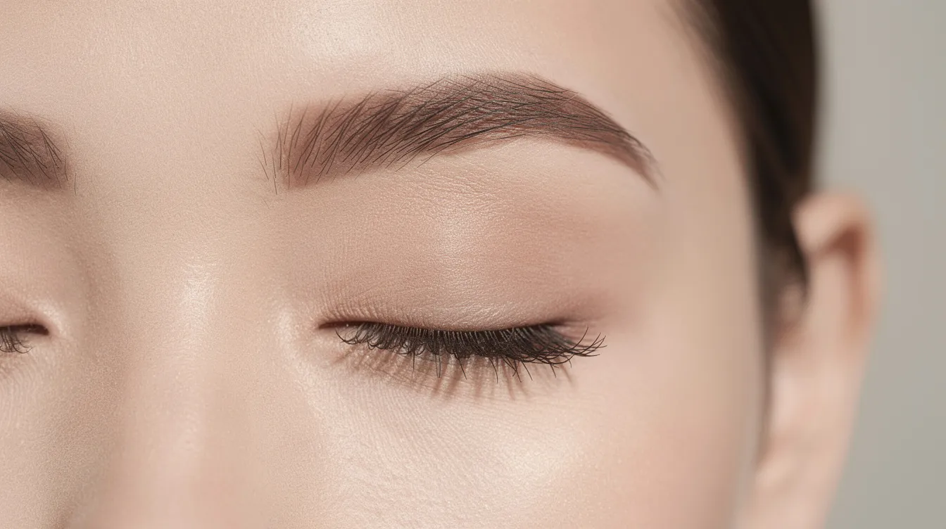 Nahaufnahme der Augenbrauen einer Frau, die mit der Powder Brows Technik gestaltet sind, zeigt eine natürliche Form und sanfte Schattierung. Die gepflegten Augenbrauen wirken durch die Verwendung von permanenten Farbpigmenten besonders ausdrucksstark und harmonisch im Gesicht.