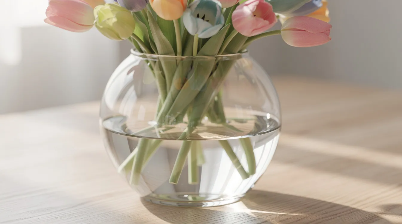 En närbild av en rund glasvas fylld med färgglada tulpaner, som står på ett ljust träbord. Vasen, som är en av de vackra vaserna i hemmet, ger liv och stil till rummet med sina snittblommor.