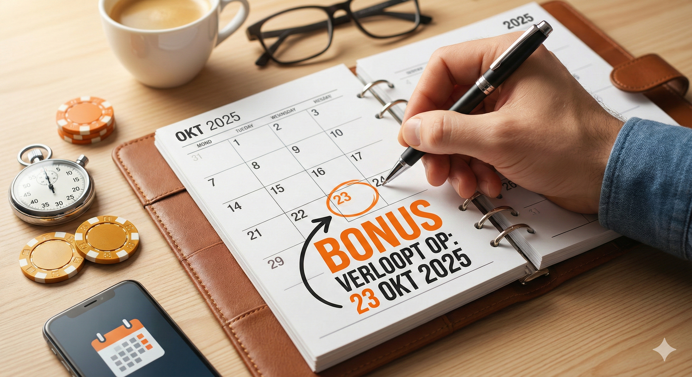 Casino bonus verloopt op 23 oktober 2025, kalender met gemarkeerde datum, casinofiches en pen op bureau, voorbeeld van geldigheidsduur van een casino bonus.