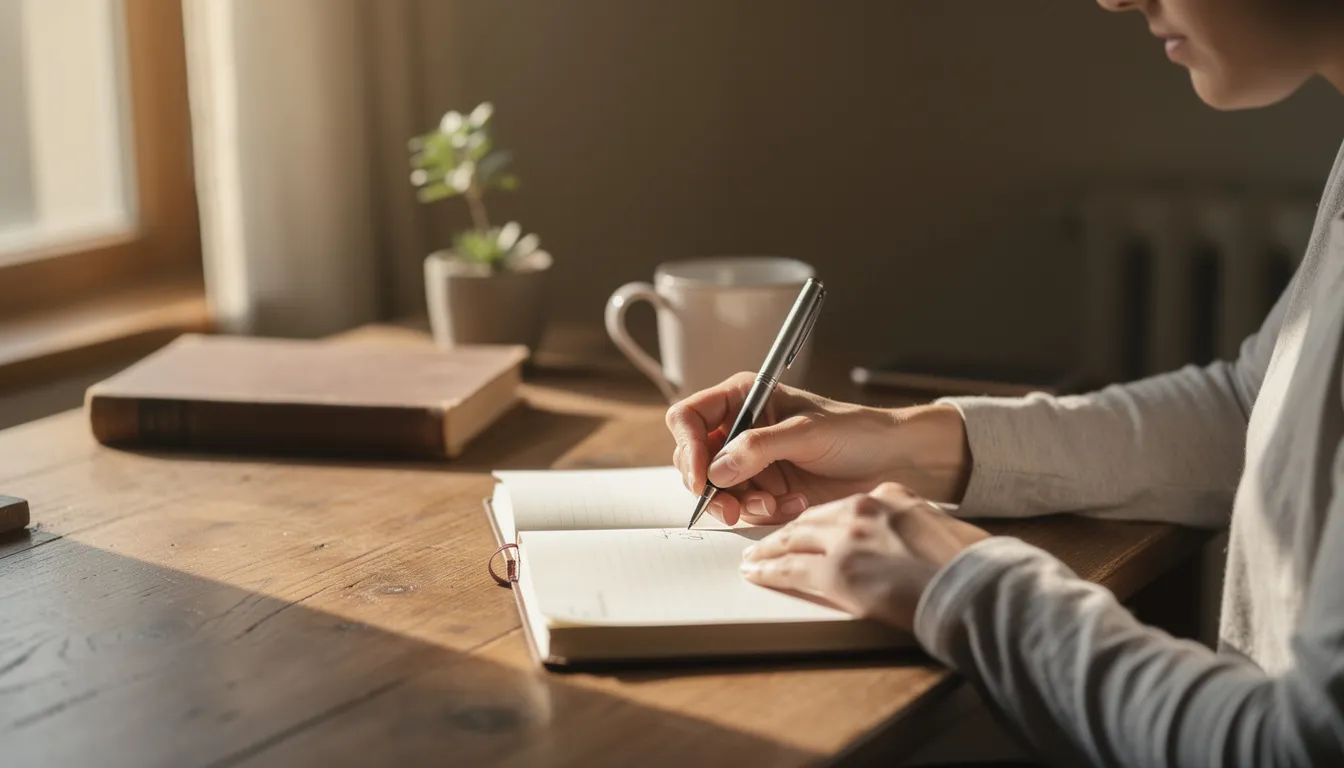 A person is focused on writing in a journal at a wooden desk, illuminated by warm natural light streaming through a nearby window. This scene embodies the principles of personal development and self-awareness, reflecting the habits of highly effective people as they prioritize their thoughts and goals.