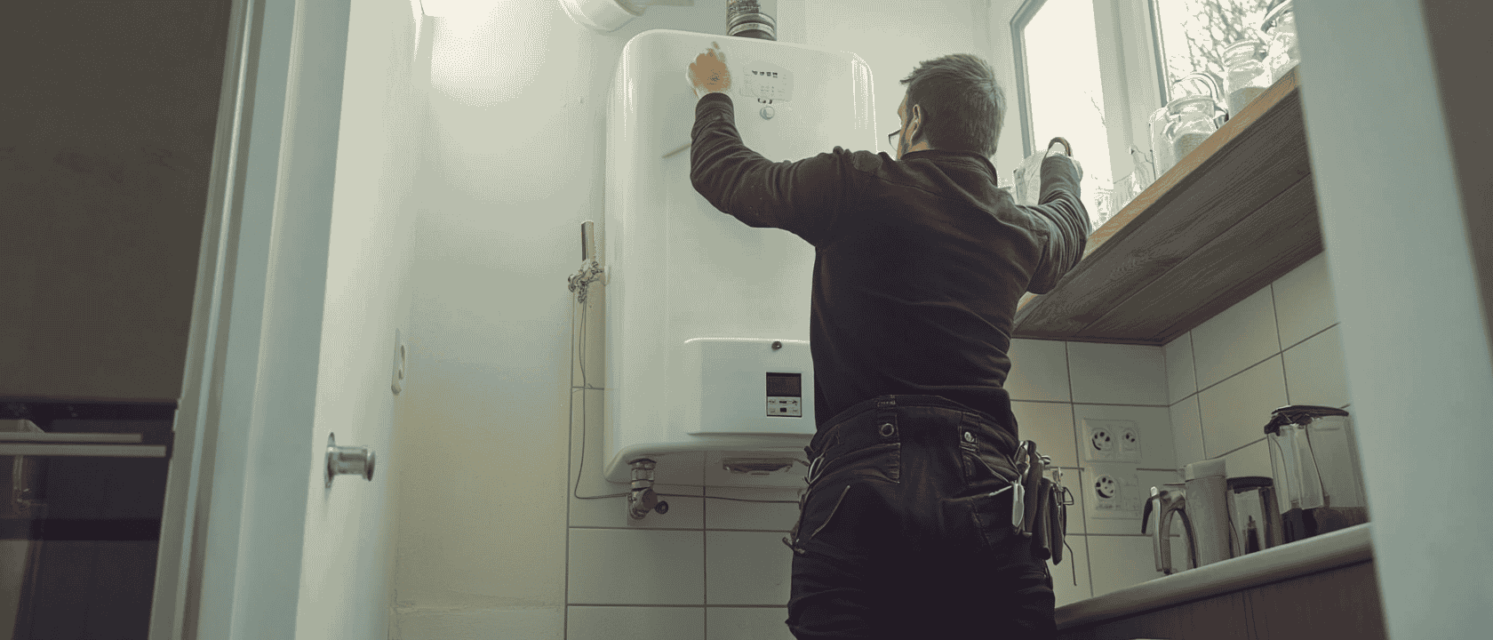 A professional boiler engineer inspecting a Worcester Bosch boiler.